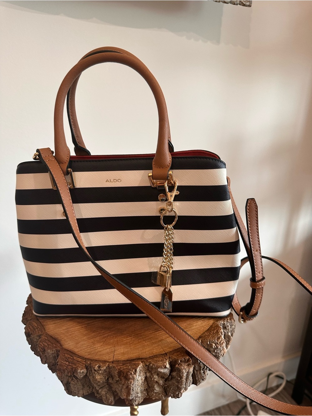 ALDO Black and White Striped Satchel with Tan Trim and Gold Hardware